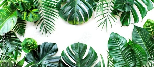 Fototapeta Creative arrangement of vibrant tropical leaves on a white background Minimalistic summer exotic idea featuring copy space Framed design