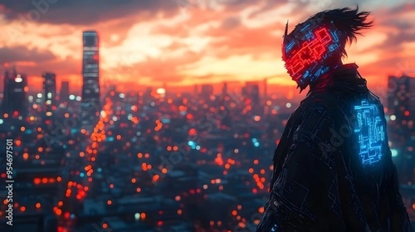 Fototapeta Futuristic Cybernetic Samurai in Neon-Lit Cityscape at Twilight