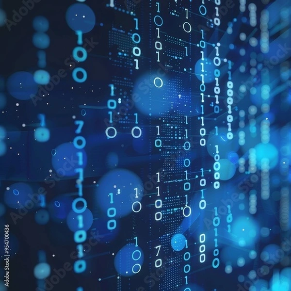 Obraz Abstract Technology Background With Binary Code And Glowing Blue Circles, Big Data Concept Design