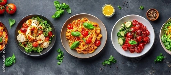 Fototapeta Food Collage A collection of photos featuring delicious dishes designed as a square template suitable for a banner flyer or restaurant menu including space for text. with copy space image