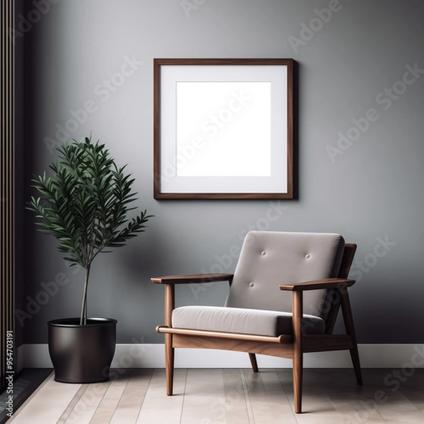 Obraz Mockup of a 1x1 dark square wooden frame in a minimalist modern living room interior with gray armchair and green plant. Artwork, poster, art print, wall art mockup.