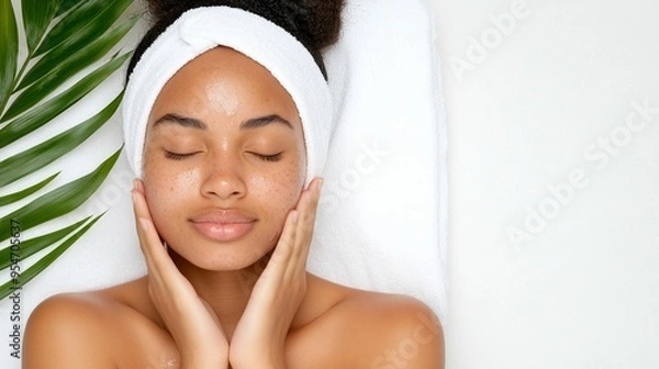 Fototapeta horizontal image, closeup portrait of a woman, isolated white background. With copy space for text. Skincare treatment concept. For banner, design, salon, clinic, cosmetologist, web, promo