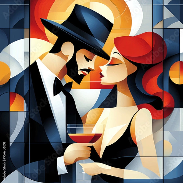 Fototapeta The style of vector art of the 1940s. A genre scene of people dancing tango in a bar in the Gothic style, with streamlined unusual colors, super detail, sci-fi illustration of the 1940s