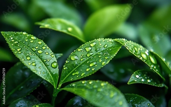 Fototapeta Visualize a closeup of exquisite tea leaves, showcasing their fine details, unique patterns, and lush green tones