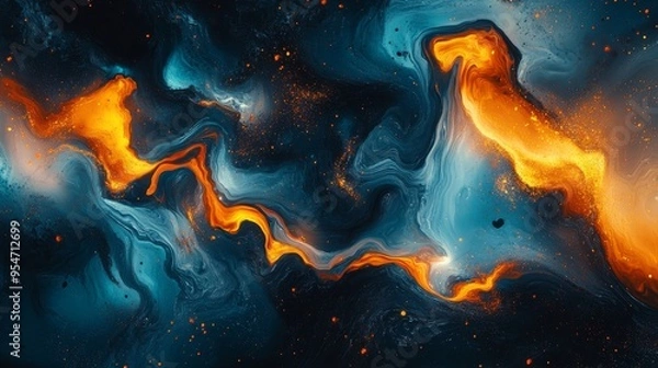 Fototapeta Abstract Swirls of Orange and Blue Paint with Glitter