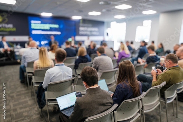Obraz Conference attendees listening to panel discussion in modern hall. Business professionals engage in corporate event about UAV development.