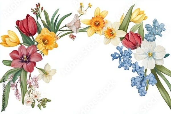 Fototapeta a charming, hand-drawn winter flower garland, featuring a mix of colorful blooms, including tulips, daffodils, and hyacinths, arranged in a circular pattern, with whimsical details, soft