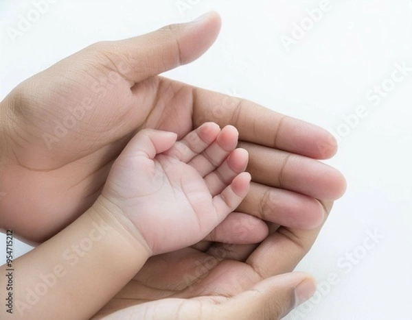 Fototapeta Tender infant grasps caregiver's finger, tiny hands entwined in trust