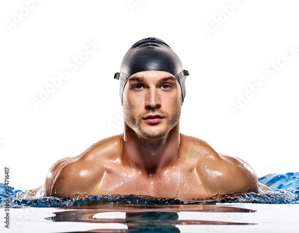 Fototapeta Butterfly Stroke: A powerful swimmer cuts through the water with grace and precision, showcasing the raw power and elegance of butterfly stroke. The vibrant blue of his swim cap and goggles against th