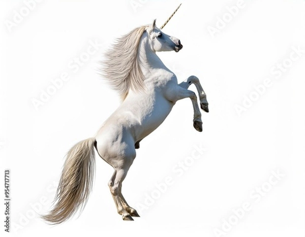 Fototapeta Majestic Unicorn's Ascendancy: A white unicorn with a flowing mane and golden horn rears up in majestic splendor against a pure white backdrop. 
