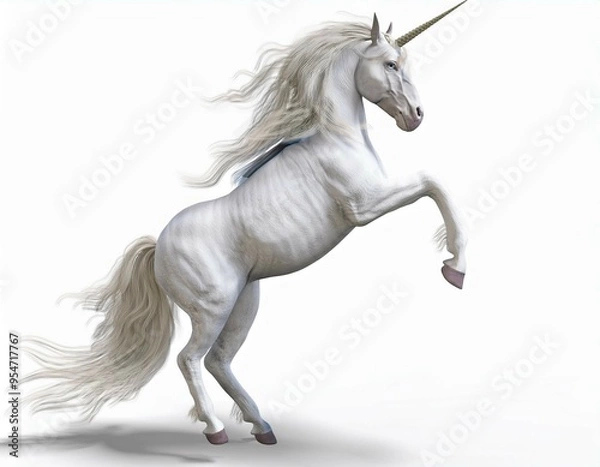 Fototapeta Majestic Unicorn's Ascendancy: A white unicorn with a flowing mane and golden horn rears up in majestic splendor against a pure white backdrop. 