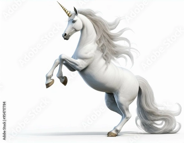 Fototapeta Majestic Unicorn's Ascendancy: A white unicorn with a flowing mane and golden horn rears up in majestic splendor against a pure white backdrop. 