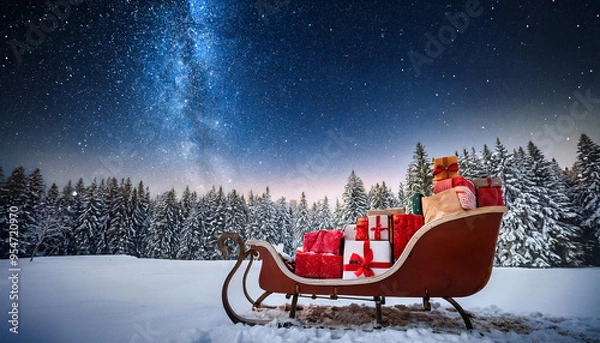 Obraz Santa Claus’s sleigh filled with wrapped gifts, parked in a snowy landscape with snow-covered trees and a starry night sky.