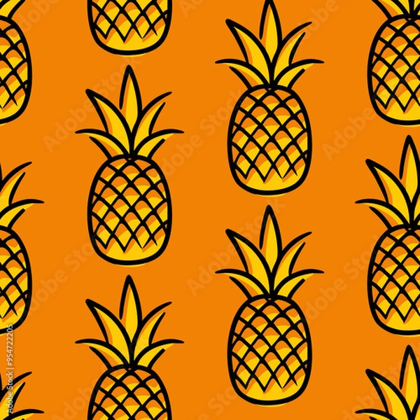 Fototapeta Vector seamless pattern with black-yellow pineapples in a doodle style. Hand-drawn with playful lines, the repeating design adds a whimsical fun tropical feel and vibe. Perfect for fabric, wallpapers,