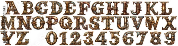 Fototapeta Isolated Letters A to Z and Figures 0 to 9 in Steampunk style mainly metal brown copper and wood with lots of details