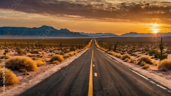 Fototapeta The open road through a desert at sunset with across the path, symbolizing new adventures and the start of a quest.