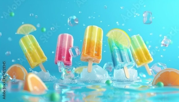 Fototapeta Assorted Colorful Ice Pops and Melting Ice Cubes on Vibrant Blue Background, Summer Treats