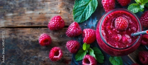 Fototapeta wholesome raspberry smoothie on a wooden table with copy space