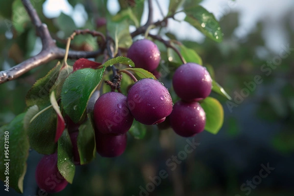 Fototapeta Abundance of Ripe Plums Hanging on a Lush Tree in a Bountiful Harvest Scene