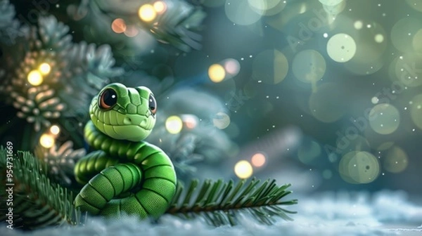 Fototapeta Green little snake is sitting by the Christmas tree, in the style of iconic pop culture caricatures, cute and dreamy
