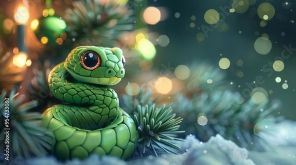 Fototapeta Green little snake is sitting by the Christmas tree, in the style of iconic pop culture caricatures, cute and dreamy