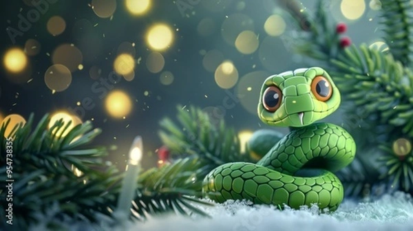 Fototapeta Green little snake is sitting by the Christmas tree, in the style of iconic pop culture caricatures, cute and dreamy