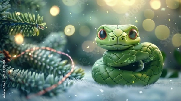 Fototapeta Green little snake is sitting by the Christmas tree, in the style of iconic pop culture caricatures, cute and dreamy