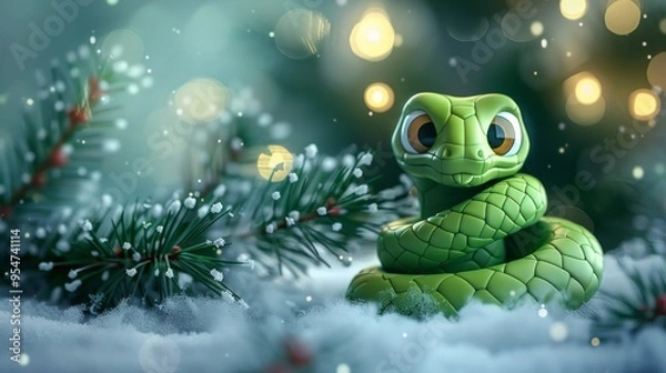 Fototapeta Green little snake is sitting by the Christmas tree, in the style of iconic pop culture caricatures, cute and dreamy