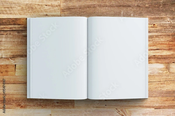 Fototapeta Blank pages of diary on wooden table, mock up