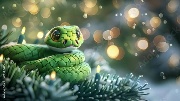 Fototapeta Green little snake is sitting by the Christmas tree, in the style of iconic pop culture caricatures, cute and dreamy