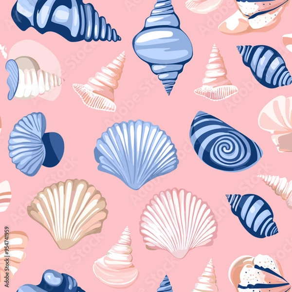 Fototapeta Seamless Seashell Pattern on Pink Background