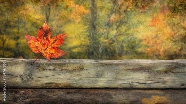 Fototapeta A single autumn leaf rests on a weathered wooden surface against a blurred forest background.
