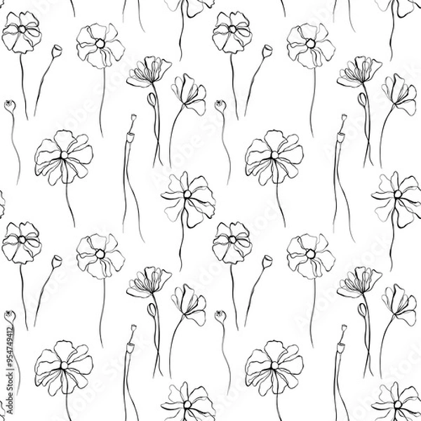 Fototapeta Seamless pattern with hand drawn poppy flowers. Abstract illustration.