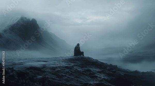 Obraz Solitary figure sitting on a rocky ledge overlooking a misty valley at dawn, surrounded by mountains and a foggy atmosphere