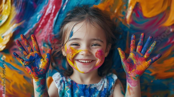 Obraz A happy boy with his hands painted in bright colors smiles against the background of an abstract painting. Generative AI.