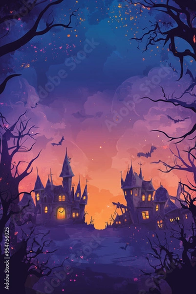 Fototapeta Halloween card or poster vertical party invitation card with copy space for custom text. Halloween poster or background with spooky elements, haunted house, pumpkins, bat in a cute cartoon style