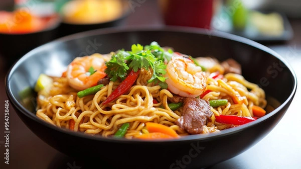 Fototapeta A black bowl of stir-fry noodles with vegetables and shrimp, featuring Japanese soba salad and Asian cuisine hot dishes like udon noodles and beef.