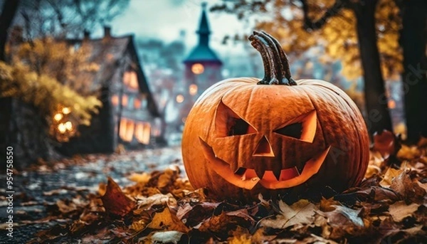 Obraz Closeup of a carved pumpkin on the background of a spooky town