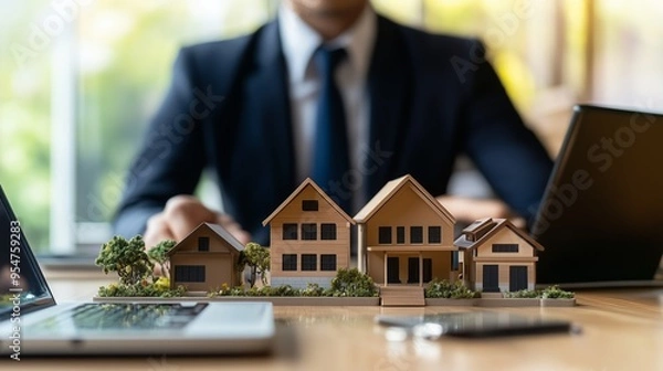Fototapeta Real estate professional examining miniature houses on desk with laptops and vibrant background in a modern office setting