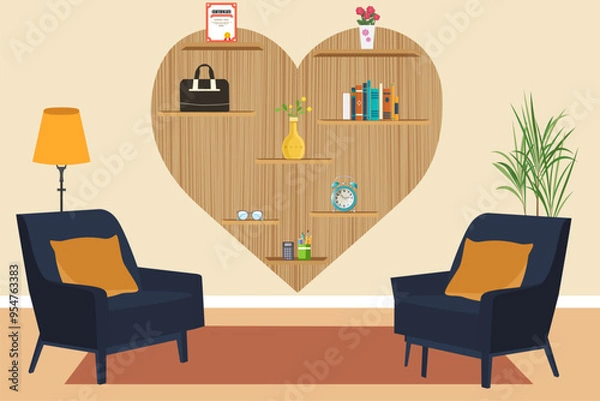 Obraz Wooden heart shelf in a beautiful living room with two sofa set. Flat vector illustration.
