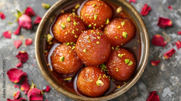 Fototapeta A flat lay of an Indian gulab jamun soaked in rose-flavored sugar syrup, served in a small bowl with a sprinkle of pistachios.