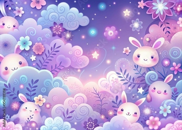 Obraz Photo image of a whimsical gradient showcasing a soft purple to pink hue, incorporating intricate floral patterns and adorable cartoon characters amidst fluffy clouds.