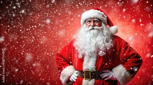 Fototapeta New Year's card, banner, Santa Claus on a red snow-covered background