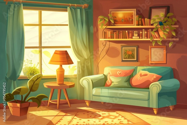 Fototapeta Vector cartoon living room interior background template. Cozy house apartment concept. Illustration with sofa pillow, bedside table with lamp, bookshelf, carpet plant in pot at window pictures at wall