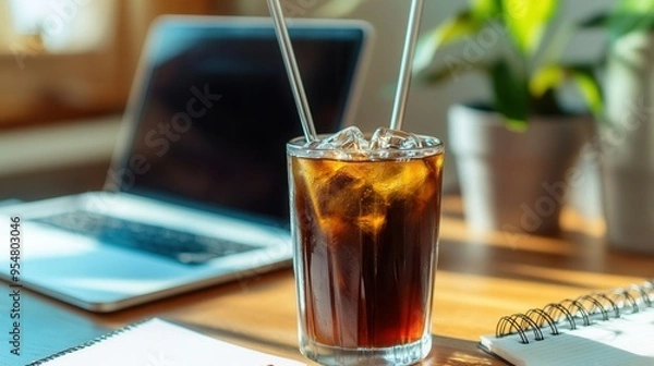 Fototapeta Cold Brew Coffee with Metal Straw on a Modern Office Desk with Laptop and Notebooks - Refreshing Workday Scene. AI generated illustration