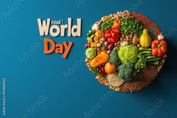 Fototapeta World Food Day Poster: A creative design featuring the Earth made up of various food items fruits, vegetables, grains, and spices. The text "World Food Day" is prominently displayed at the top, with 
