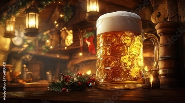 Fototapeta Oversized Glass of Golden Beer in Cozy Tavern. AI generated illustration