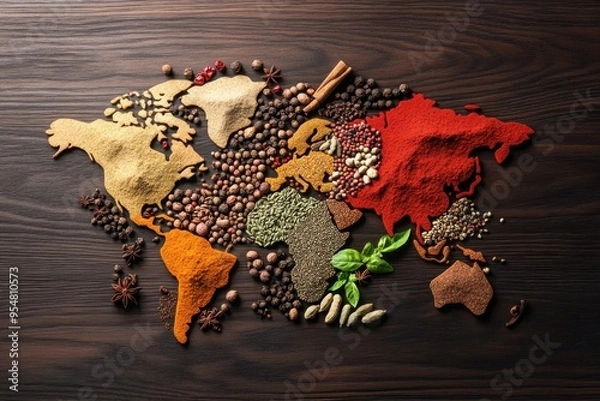 Fototapeta World Map of Spices: A creative flat lay of various spices arranged on a dark wooden surface to form the shape of a world map. Each continent is represented by spices native to that region, with a few
