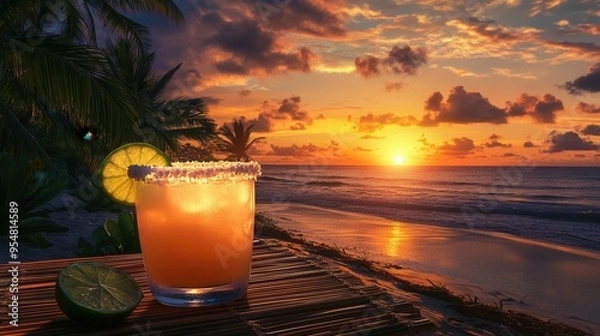 Obraz Tropical Beach Sunset with Margarita on a Bamboo Table, Palm Trees, and Golden Ocean Reflections. AI generated illustration
