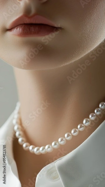 Obraz A close-up view highlights a smooth neck adorned with a single strand of lustrous pearls, complementing a classic white shirt